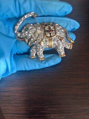 Crystal Elephant Brooch Pin - Gold & Silver with Green and Red Accents